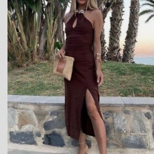 ZARA NWT SS22 WOMAN INEN BLEND CHAIN HALTER MIDI DRESS